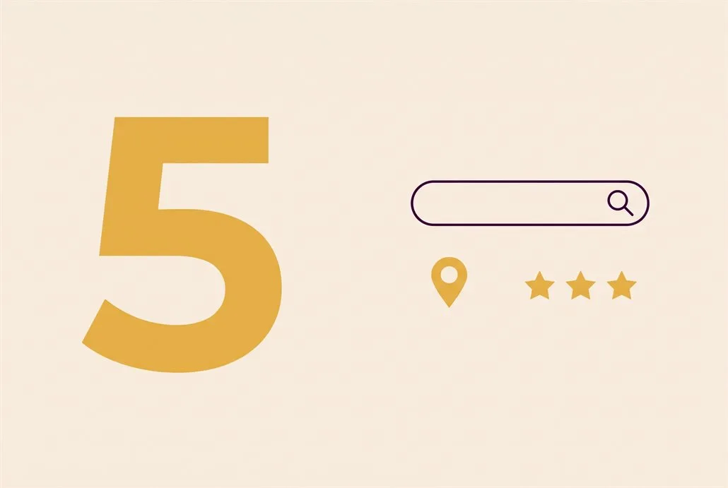 Número 5 grande em dourado ao lado de uma barra de busca desenhada em linha roxa, com um alfinete de mapa e três estrelas em dourado, sobre fundo creme