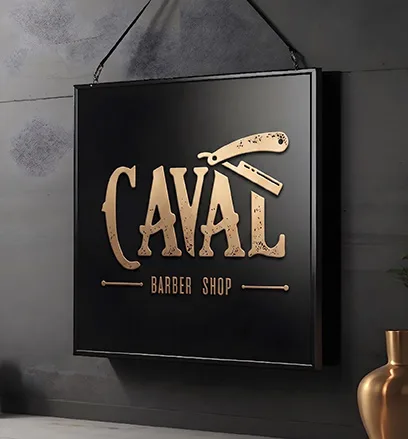 Placa com identidade visual da barbearia Caval